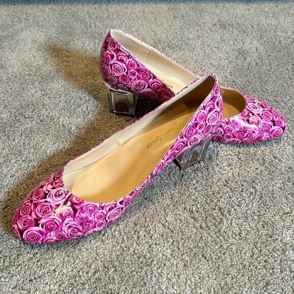 Reindee Lusion Pink Roses Transparent Block Mid Heel Round Toe Size 9.5 NEW - Picture 9 of 15